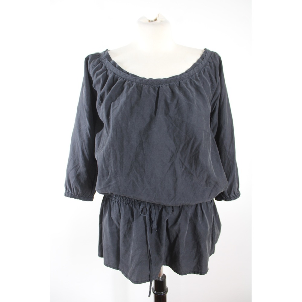 Da-Nang Surplus S Black Silk Blend Blouson Tunic Top Drawstring Waist SKP4230